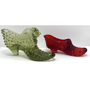 VTG USA Fenton Colonial Green Hobnail Slipper Shoe Ruby Red Daisy and Button